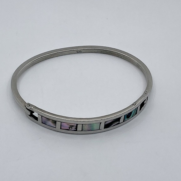 VTG Sterling Silver & Abalone Inlay Pinch Bracelet 6.6” / 2.1” Diameter - Picture 2 of 10